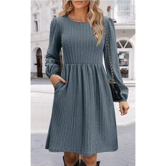 Zeagoo Women's Casual Knit Sweater Dress with Pockets Crew Medium, Blue/Grayish - Picture 2 of 15